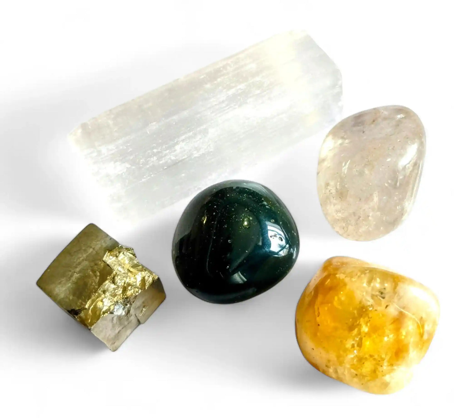 Abundance manifestation crystal healing pack with 5 natural stones - Pyrite, Citrine, Selenite, Clear Quartz and Green Aventurine for prosperity magic