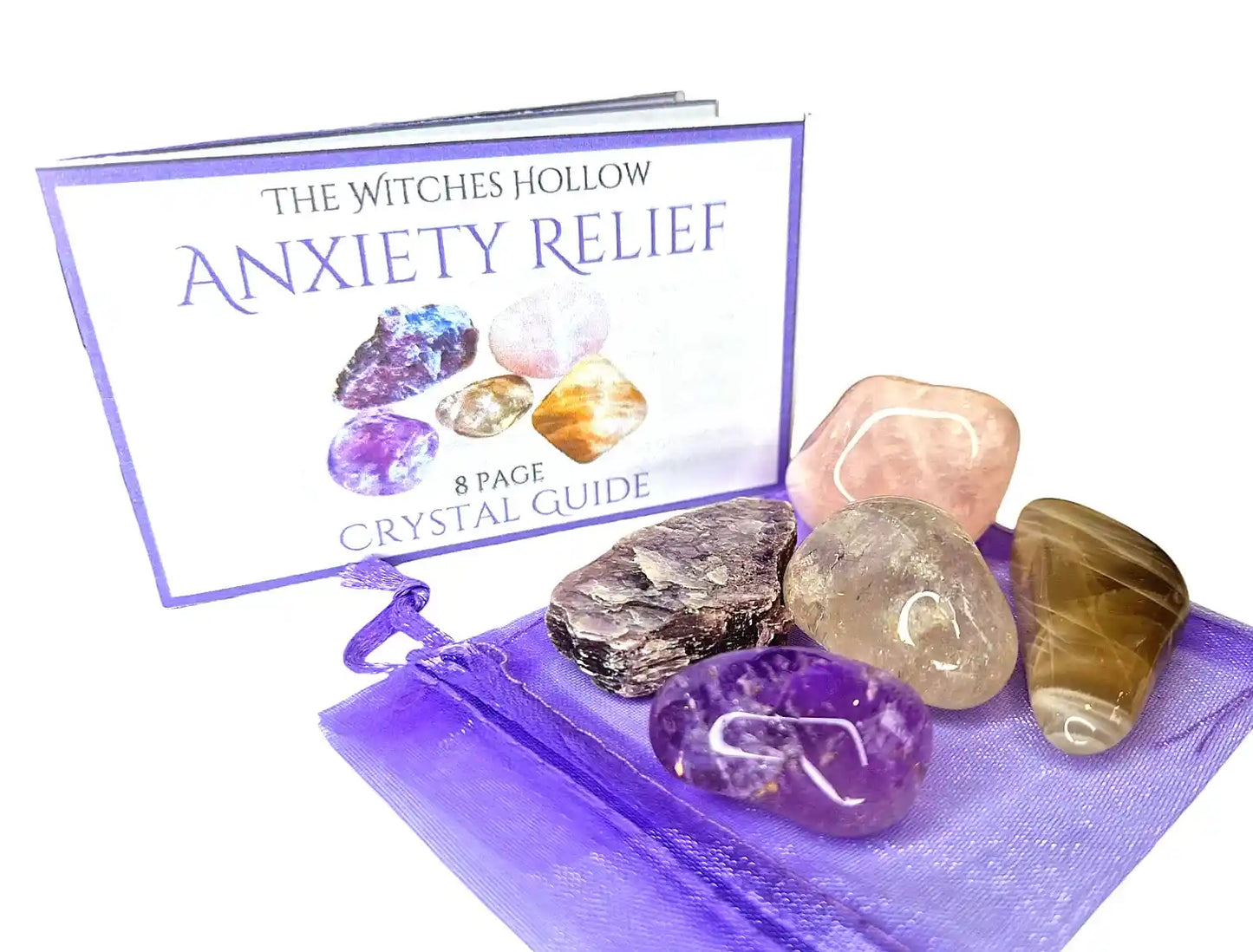 Anxiety relief crystal healing pack with amethyst, rose quartz, smokey quartz, moonstone and lepidolite stones in organza bag with crystal guide for stress and emotional support from The Witches Hollow UK