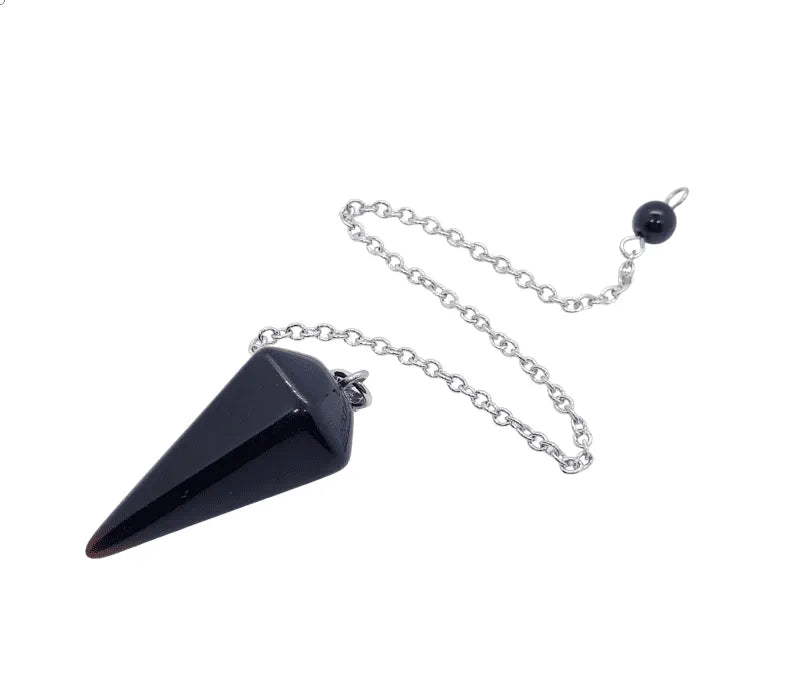 Black agate faceted cone pendulum with scrying board for protective guidance and spiritual grounding from The Witches Hollow UK