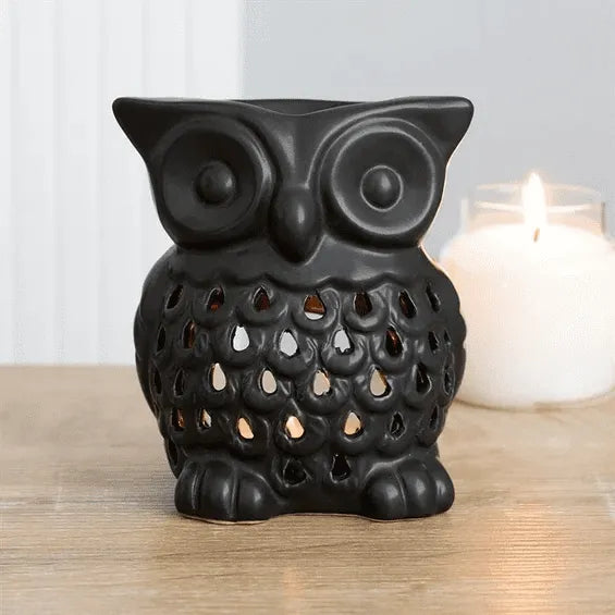 Black owl wax melt burner with gothic ceramic owl for dark aesthetic aromatherapy from The Witches Hollow UK