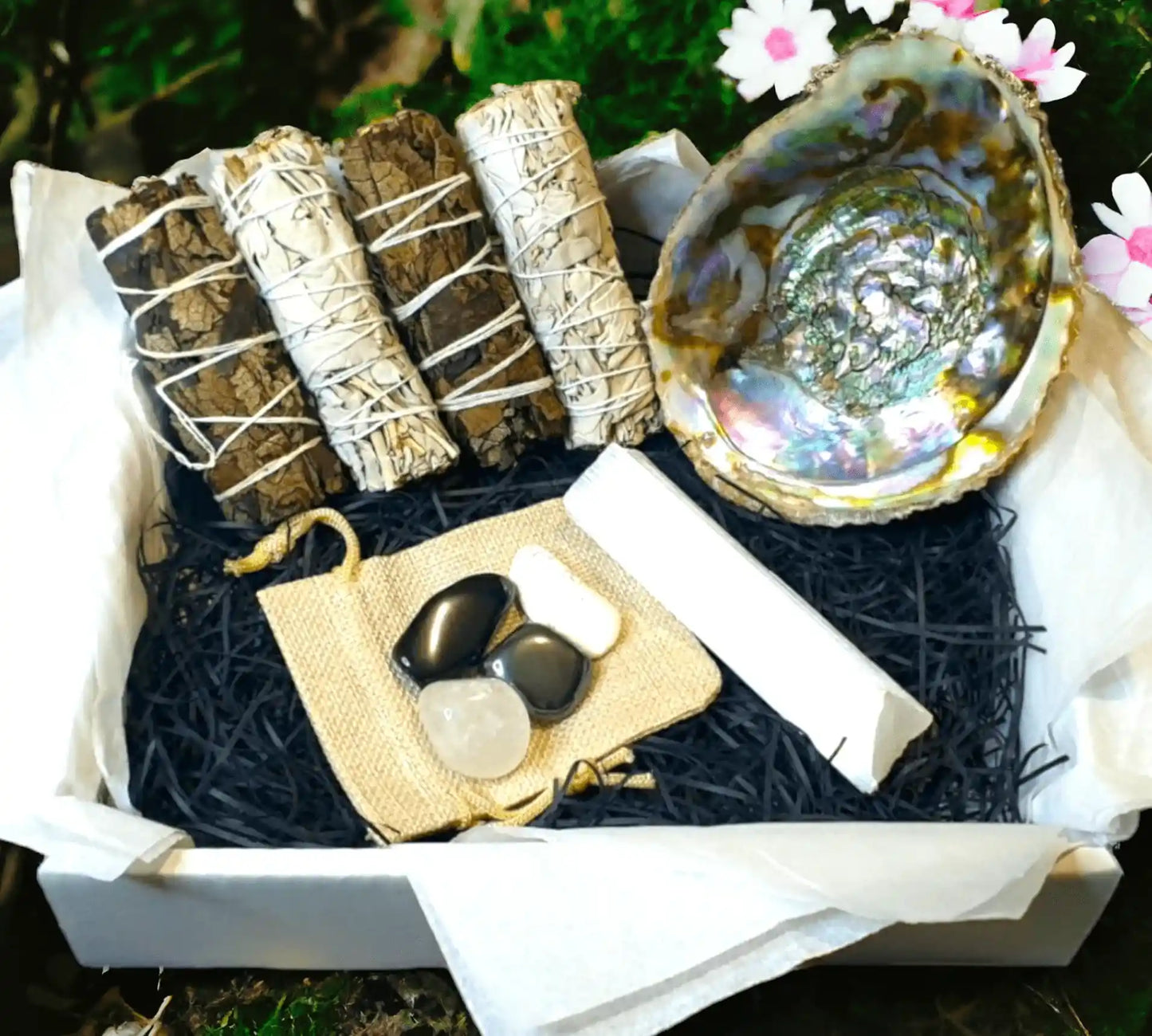 Black white protection kit with sage and protective items for spiritual cleansing and safety from The Witches Hollow UK