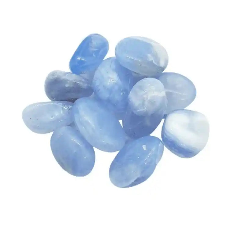 Blue chalcedony tumble stone with blue crystal for communication and throat chakra from The Witches Hollow UK
