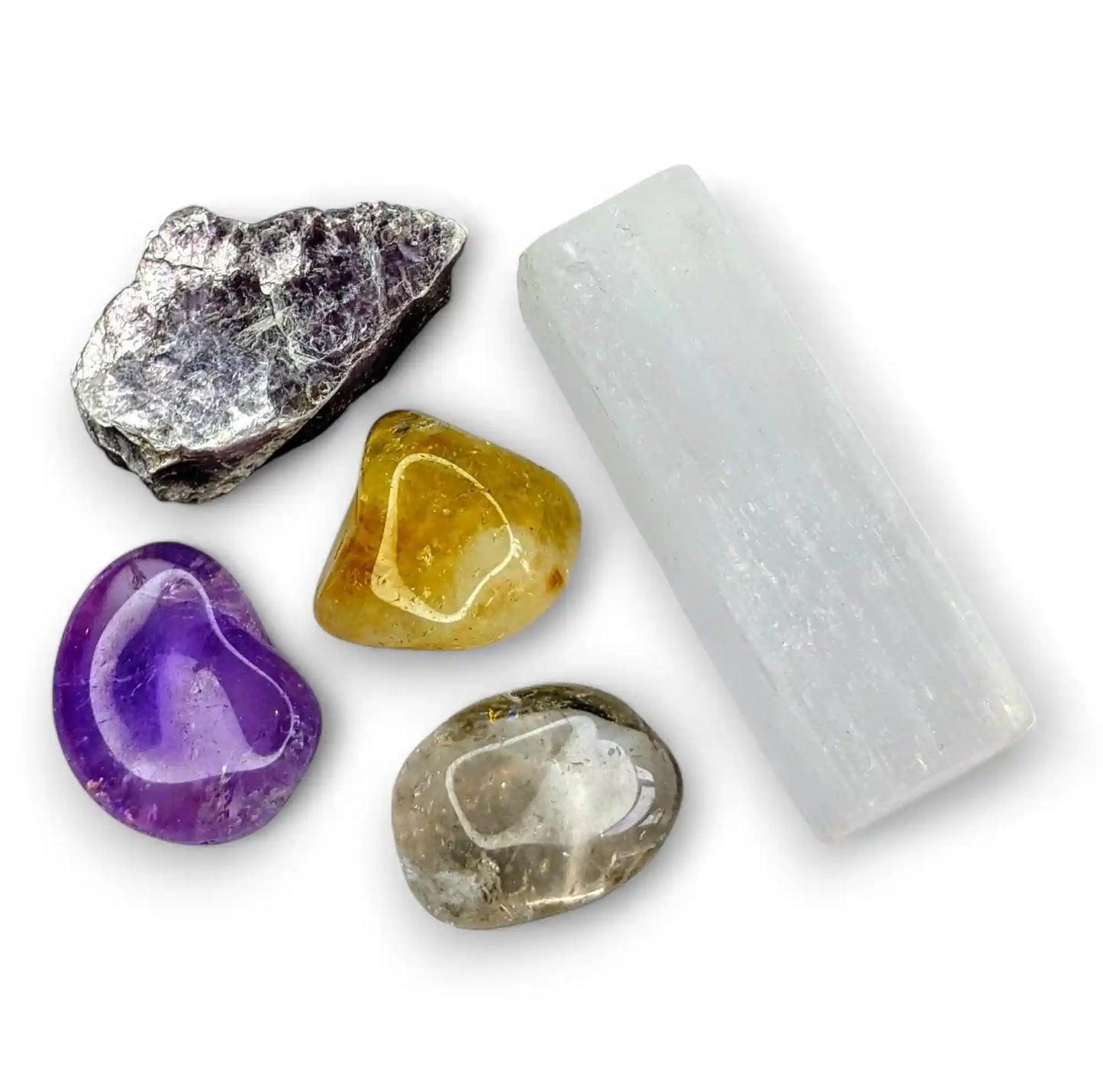 Depression relief anxiety crystal healing pack with 5 natural stones - Lepidolite, Amethyst, Citrine, Selenite and Smokey Quartz for emotional calm