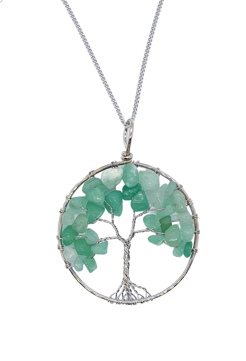Green aventurine tree of life pendant detail showing green crystal tree for luck and abundance from The Witches Hollow UK