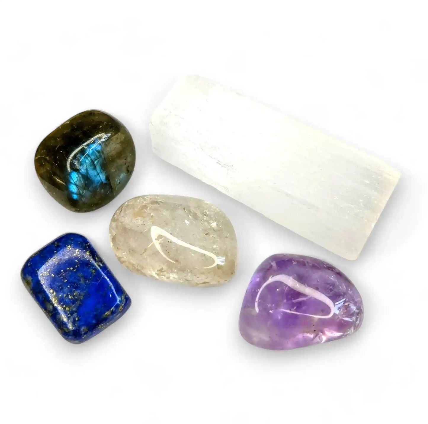 Meditation crystal healing pack with 5 natural stones - Labradorite, Lapis Lazuli, Clear Quartz, Amethyst and Selenite for spiritual meditation
