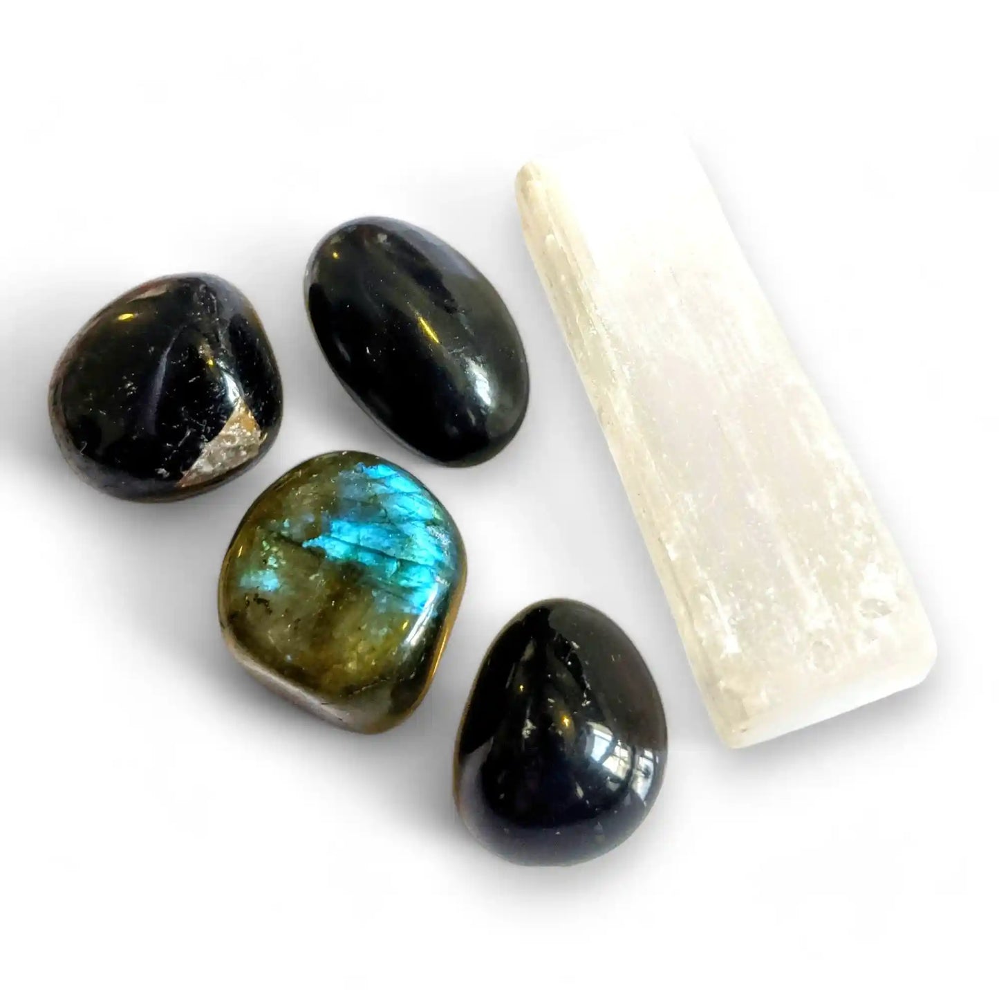 Protection crystal healing pack with 5 natural stones - Black Tourmaline, Obsidian, Hematite, Selenite and Labradorite for grounding and energy shield