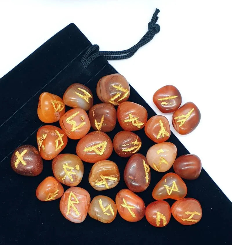 Red carnelian futhark rune set with orange red stones for courage divination and vitality from The Witches Hollow UK