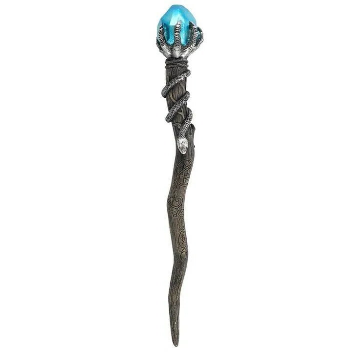 Silver claw blue gem wand resin with blue crystal for fantasy magic and ritual work from The Witches Hollow UK
