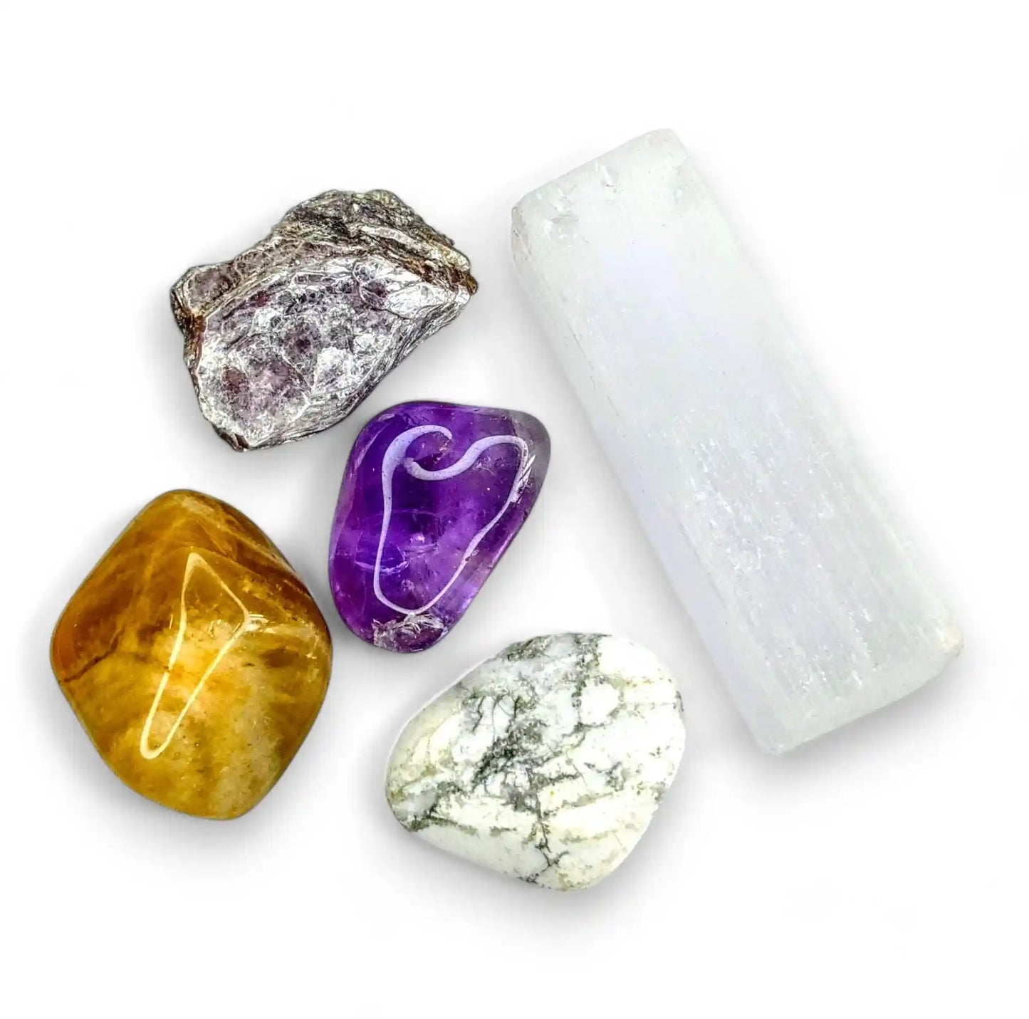 Sleep aid crystal healing pack with 5 natural stones - Amethyst, Lepidolite, White Howlite, Moonstone and Selenite for restful sleep