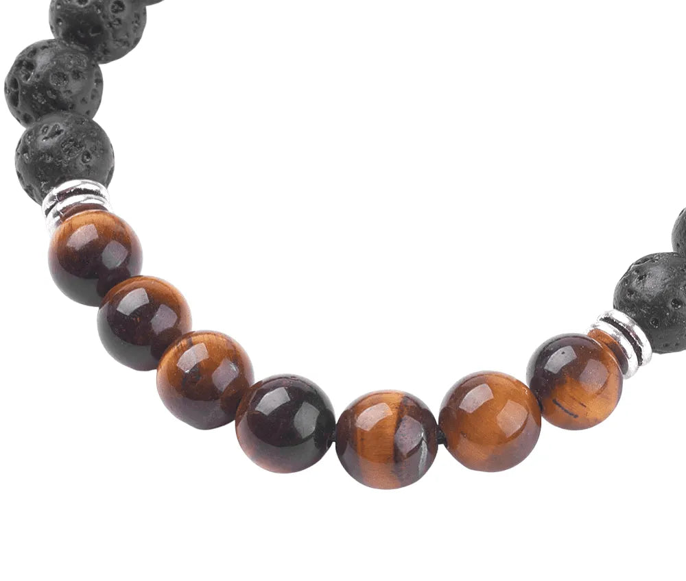 Tigers eye lava stone bracelet with golden and volcanic stones for strength and essential oil diffusion from The Witches Hollow UK