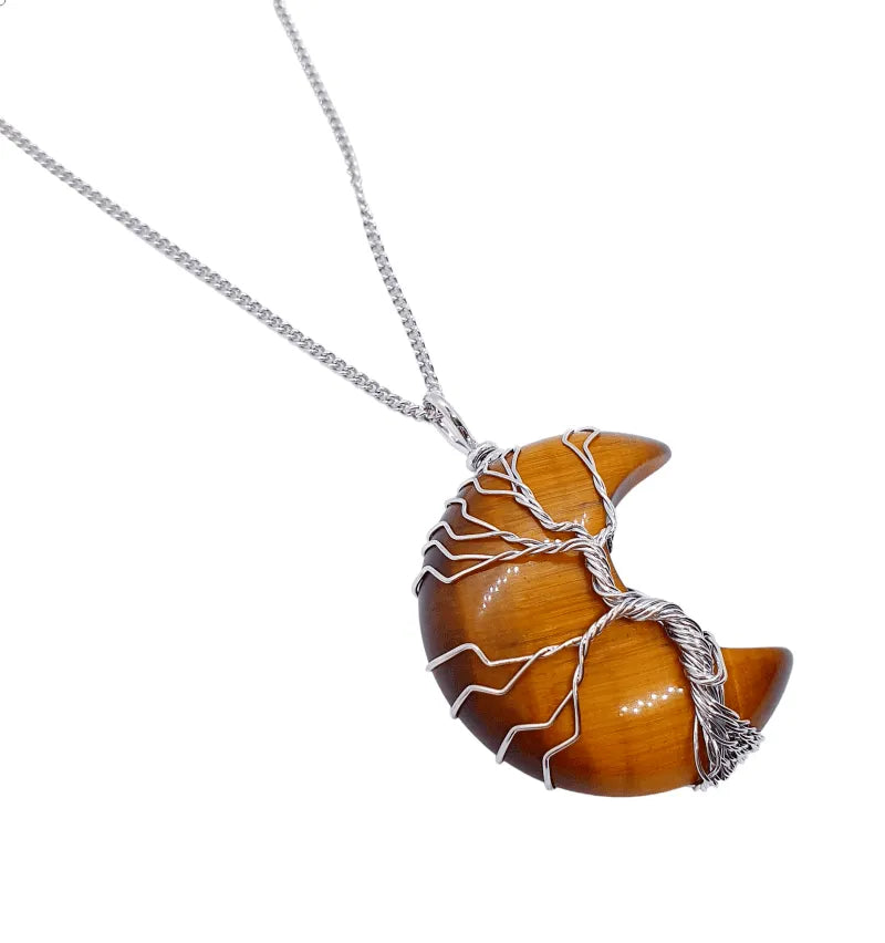 Tigers eye moon wire wrapped pendant with golden crystal moon for strength and lunar energy from The Witches Hollow UK