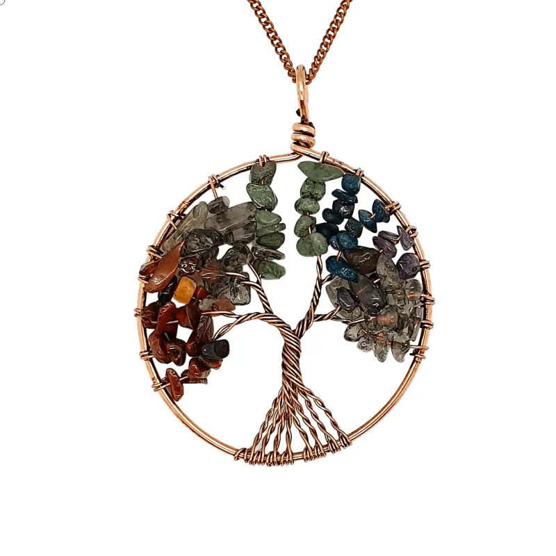 Tree of life crystal pendant detail showing gemstone tree for earth energy and spiritual growth from The Witches Hollow UK