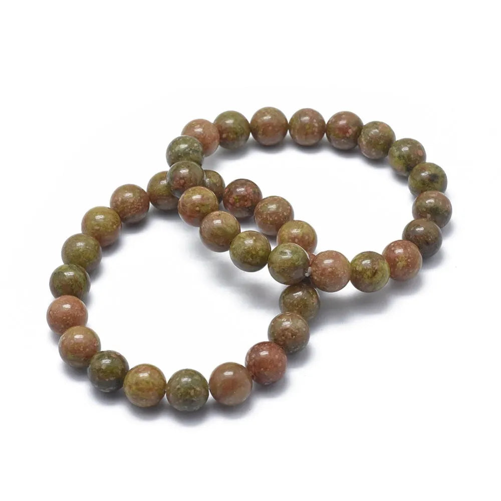 Unakite crystal bracelet with green-pink stones for heart chakra and emotional healing from The Witches Hollow UK