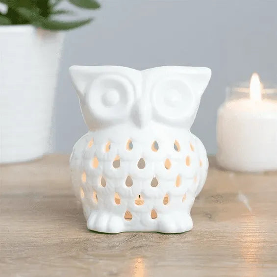 White owl wax melt oil burner with ceramic owl design for creating aromatic atmosphere from The Witches Hollow UK