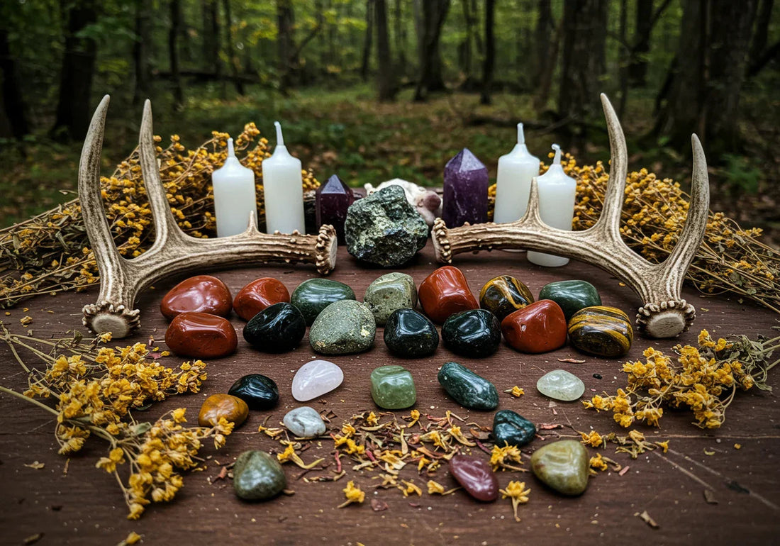 Buck Moon ritual altar with deer antlers, crystals, white candles and dried herbs arranged for July full moon ceremony - traditional lunar magic setup for strength and manifestation