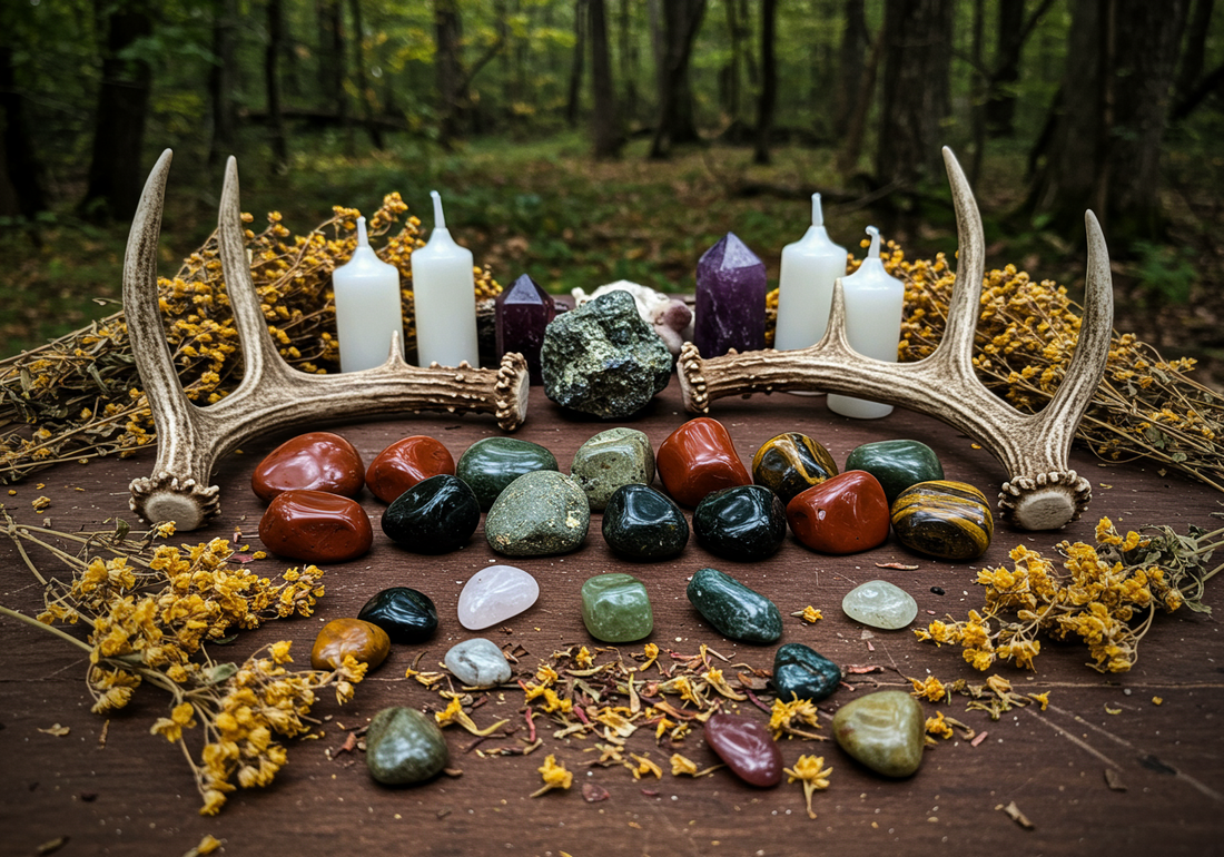 Buck Moon ritual altar with deer antlers, crystals, white candles and dried herbs arranged for July full moon ceremony - traditional lunar magic setup for strength and manifestationv