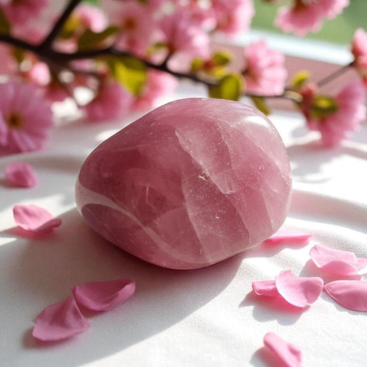Rose Quartz crystal with pink flower petals and cherry blossoms - heart healing stone for love, self-love and emotional healing in natural spring setting