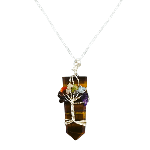 Tree of Life Chakra Stone Wire Pendant on Tigers Eye Point - The Witches Hollow