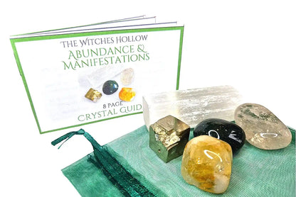 Abundance manifestation crystal pack complete set showing crystals, green drawstring pouch and 8-page crystal guide booklet for prosperity manifestation - The Witches Hollow UK