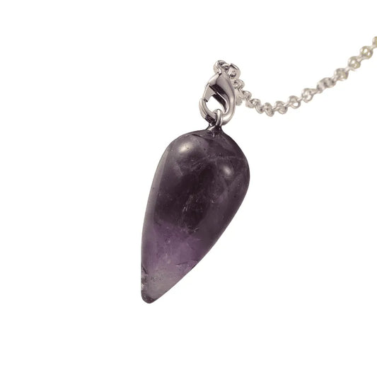 Amethyst teardrop dowsing pendulum detail with purple crystal for spiritual protection and intuitive guidance from The Witches Hollow UK