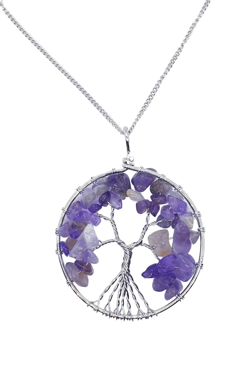 Amethyst tree of life pendant detail showing purple crystal tree for wisdom and spiritual connection from The Witches Hollow UK