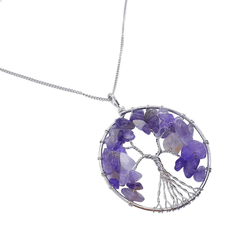 Amethyst tree of life pendant with purple crystal tree for spiritual growth and crown chakra healing from The Witches Hollow UK