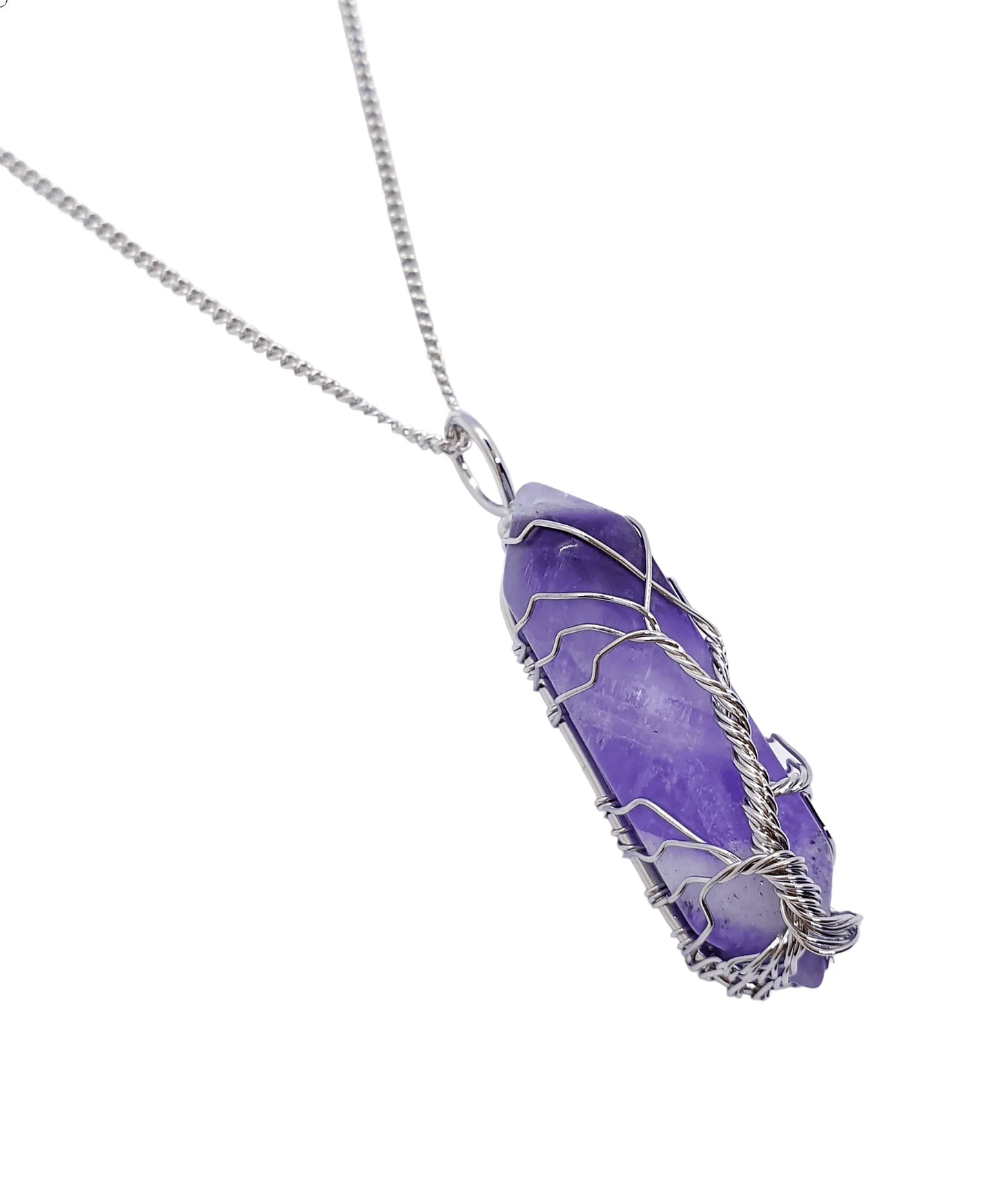 Amethyst wire wrapped pendant second view displaying purple stone for crown chakra healing from The Witches Hollow UK