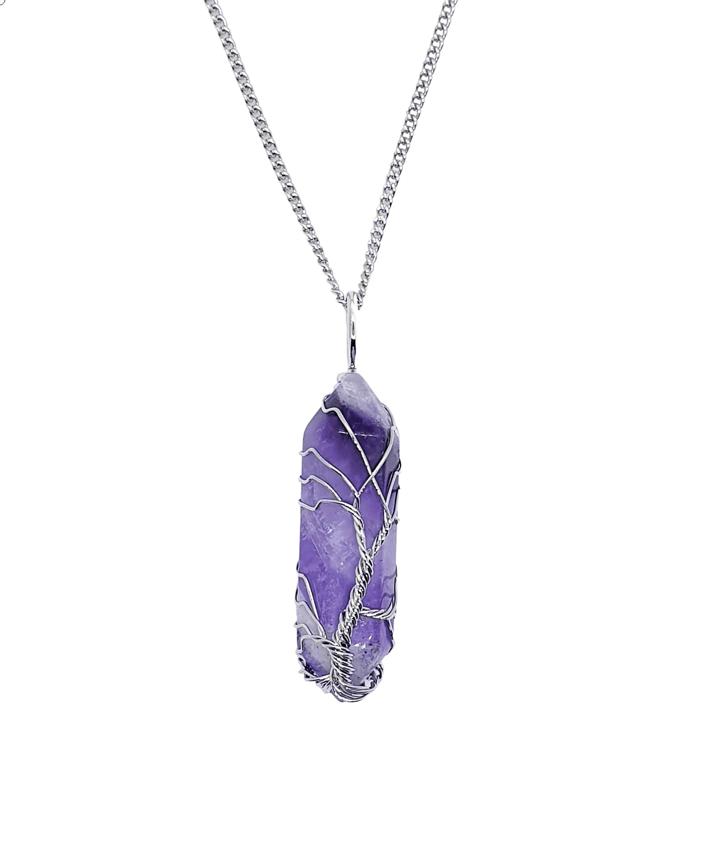 Amethyst wire wrapped pendant front showing purple crystal for spiritual protection and intuition from The Witches Hollow UK