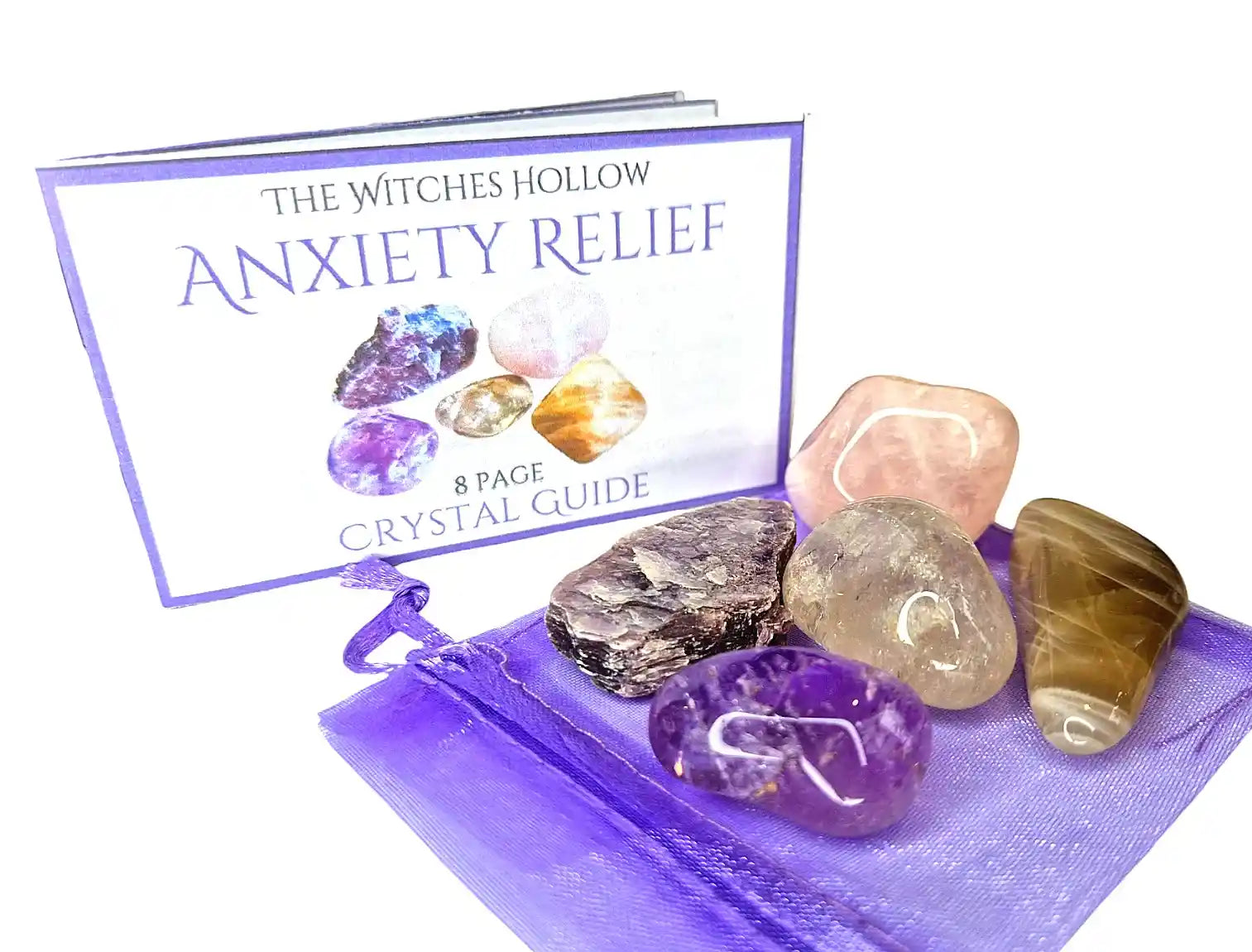 Anxiety relief crystal healing pack with amethyst, rose quartz, smokey quartz, moonstone and lepidolite stones in organza bag with crystal guide for stress and emotional support from The Witches Hollow UK