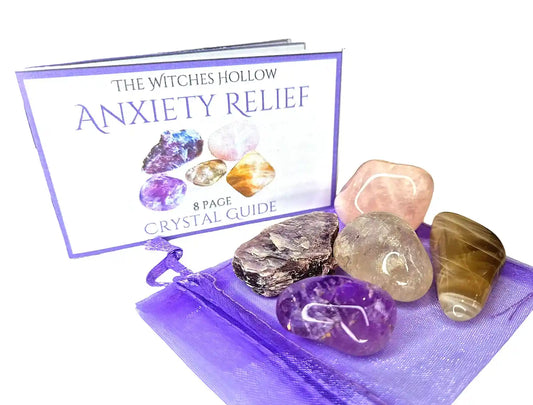 Anxiety relief crystal healing pack with amethyst, rose quartz, smokey quartz, moonstone and lepidolite stones in organza bag with crystal guide for stress and emotional support from The Witches Hollow UK