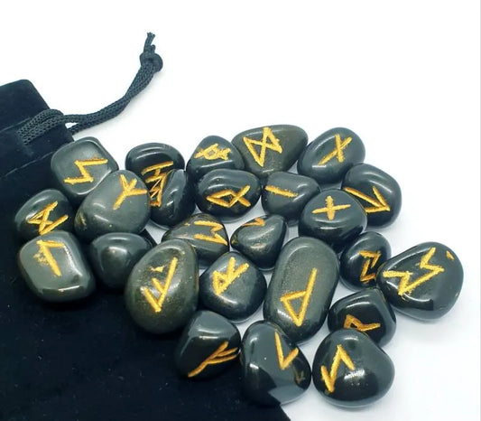 Black agate futhark rune set with black stones for protection divination and grounding from The Witches Hollow UK