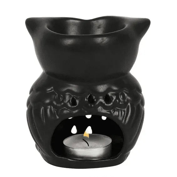 Black owl waxmelt burner featuring dark ceramic owl design for essential oil diffusion from The Witches Hollow UK