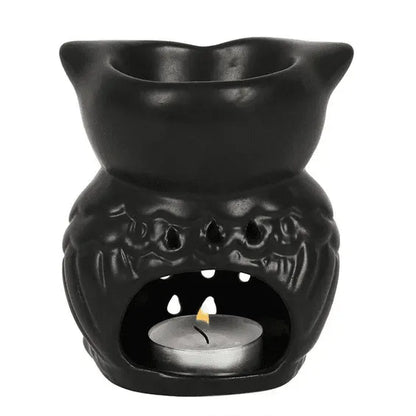 Black owl waxmelt burner featuring dark ceramic owl design for essential oil diffusion from The Witches Hollow UK