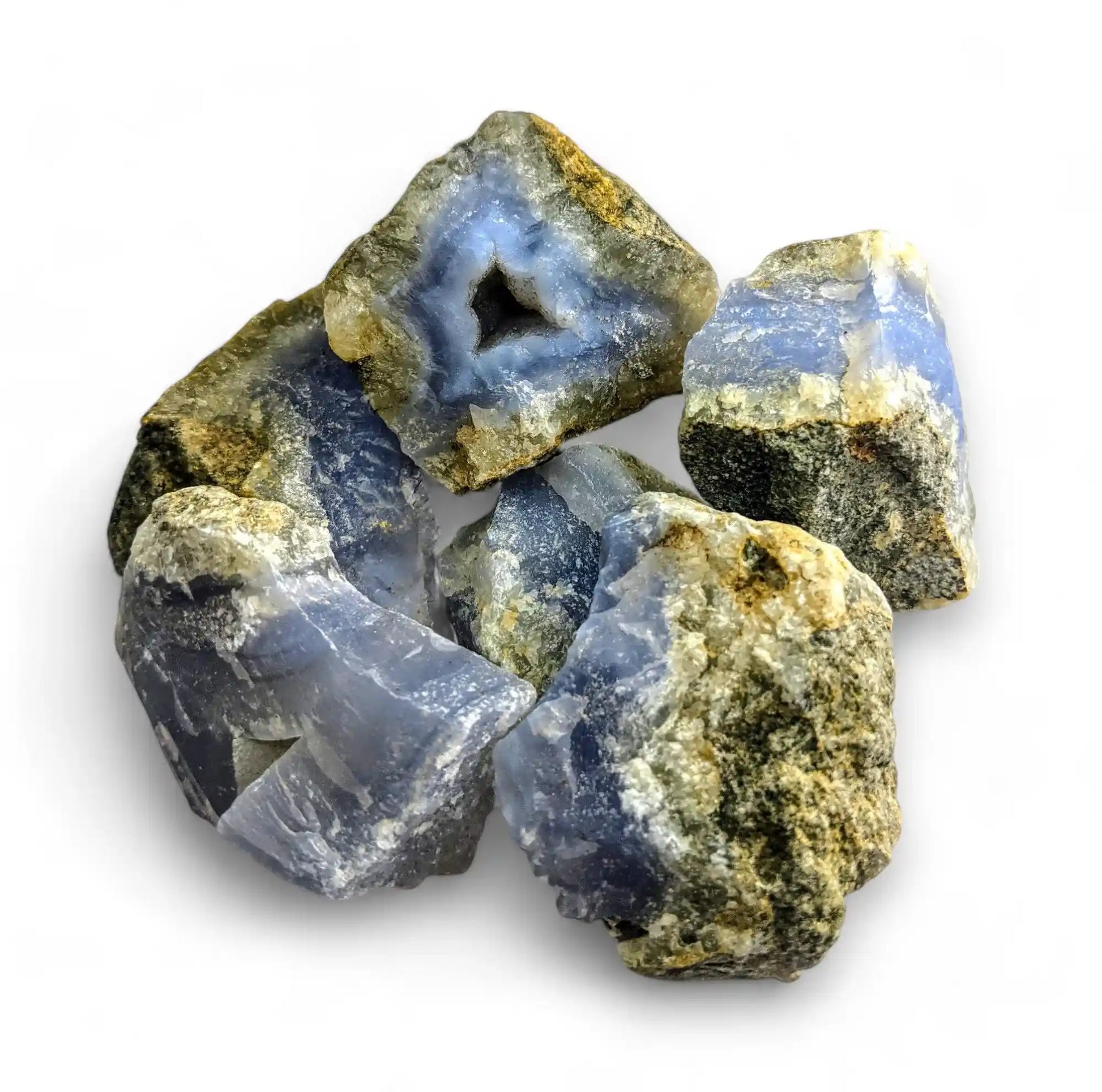 Blue lace agate raw stone with blue crystal for peaceful communication and throat chakra from The Witches Hollow UK