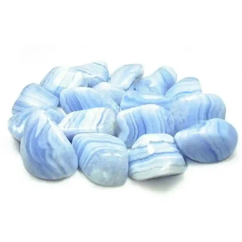 Blue lace agate tumble stone with blue crystal for peaceful communication and throat chakra from The Witches Hollow UK