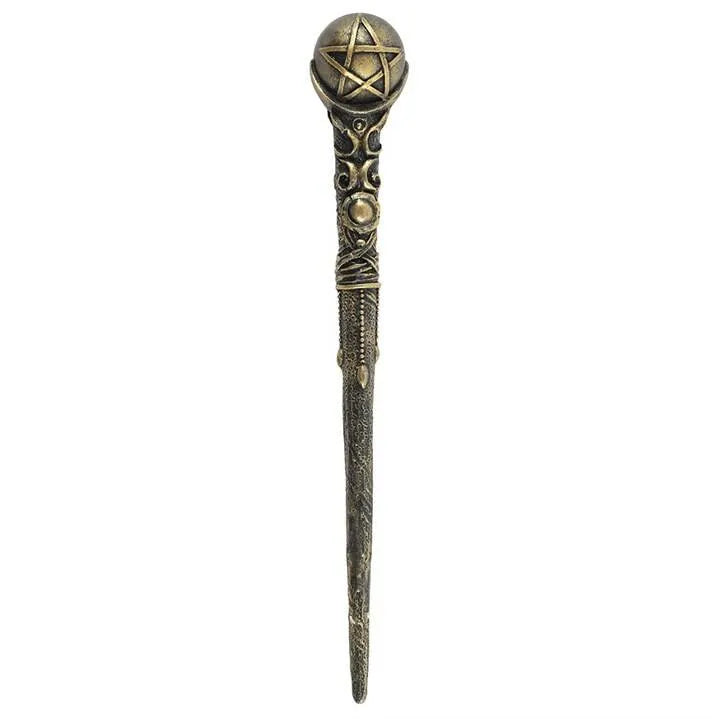 Bronze pentagram wand resin with pentacle design for Wiccan magic and protection rituals from The Witches Hollow UK