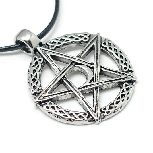 Celtic pentacle necklace moon view showing silver pentagram pendant for pagan protection from The Witches Hollow UK