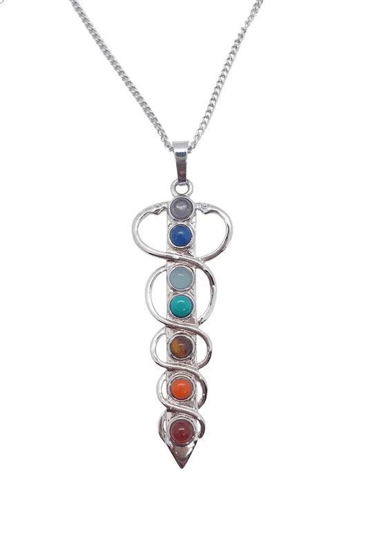 Chakra caduceus winged pendant detail with rainbow stones and healing serpent for energy balance from The Witches Hollow UK