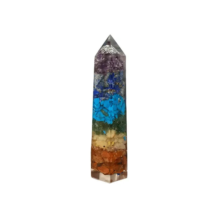Chakra crystal orgone tower with rainbow stones for energy healing and EMF protection from The Witches Hollow UK