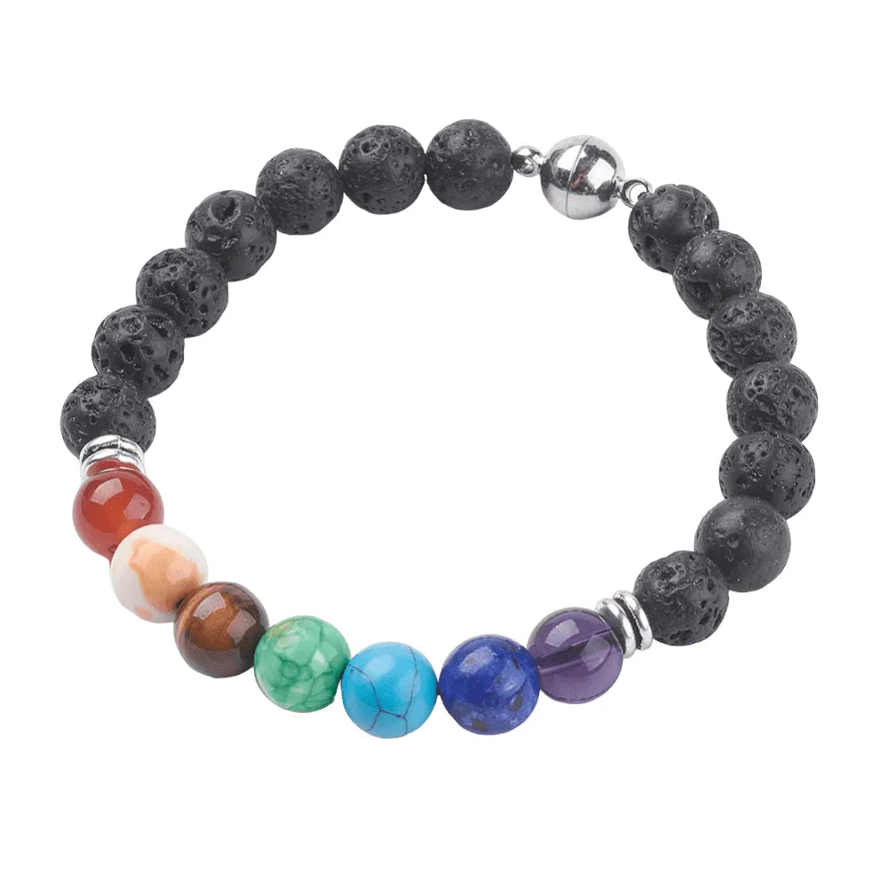 Chakra lava stone crystal bracelet with rainbow and black stones for energy balance and aromatherapy from The Witches Hollow UK