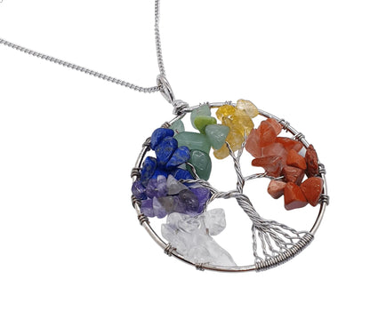 Chakra tree of life pendant second view showing rainbow stones in tree design for energy balance from The Witches Hollow UK