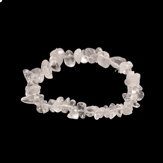 Clear quartz chip bracelet detail showing clear crystal chips for energy amplification and clarity from The Witches Hollow UK