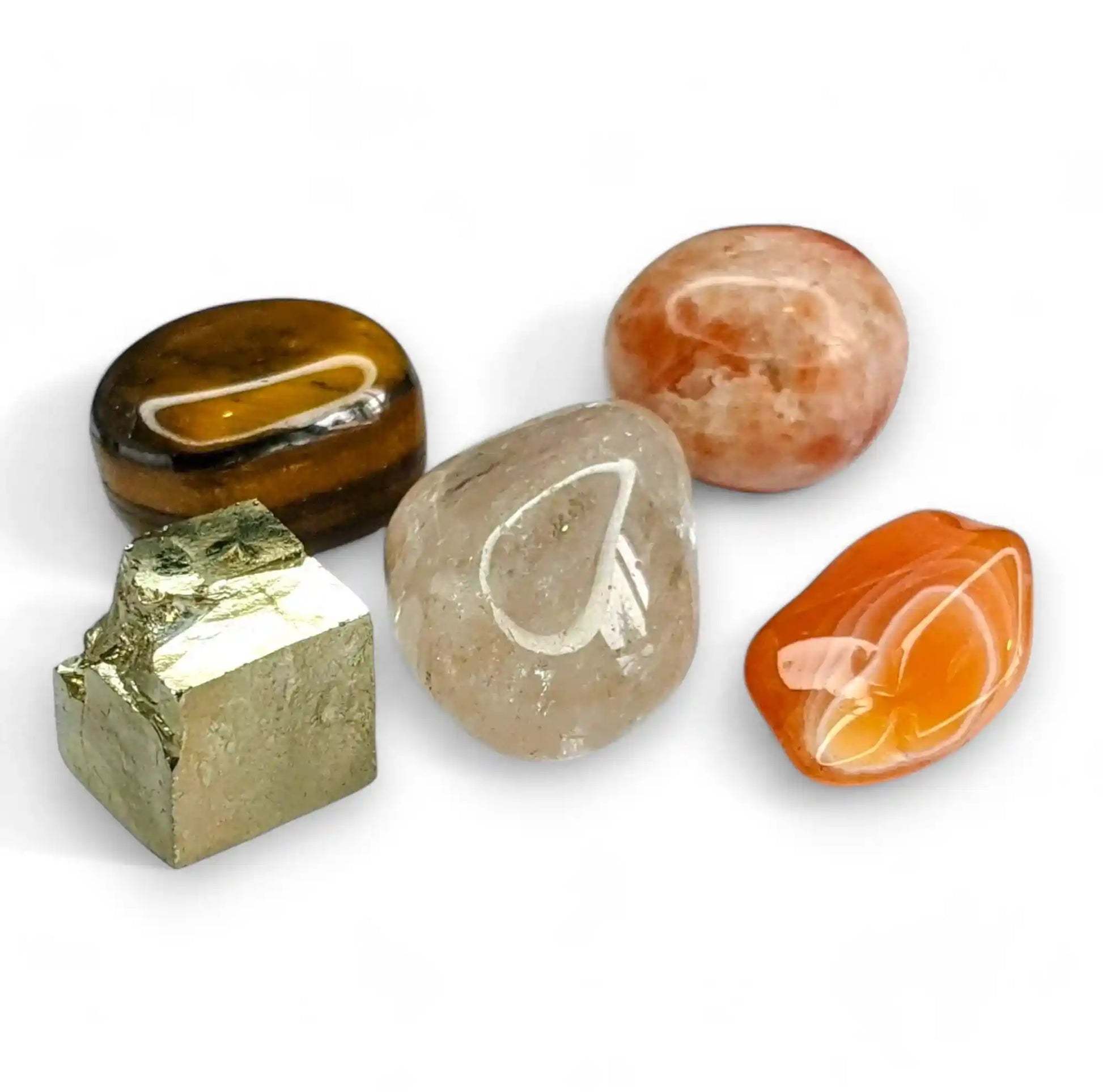 Self confidence boost crystal set featuring pyrite, tigers eye, sunstone, carnelian and clear quartz for personal power and healing