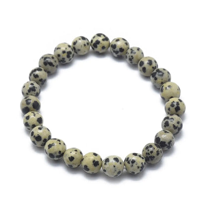Dalmatian jasper crystal bracelet detail with spotted stones for joy and playfulness from The Witches Hollow UK