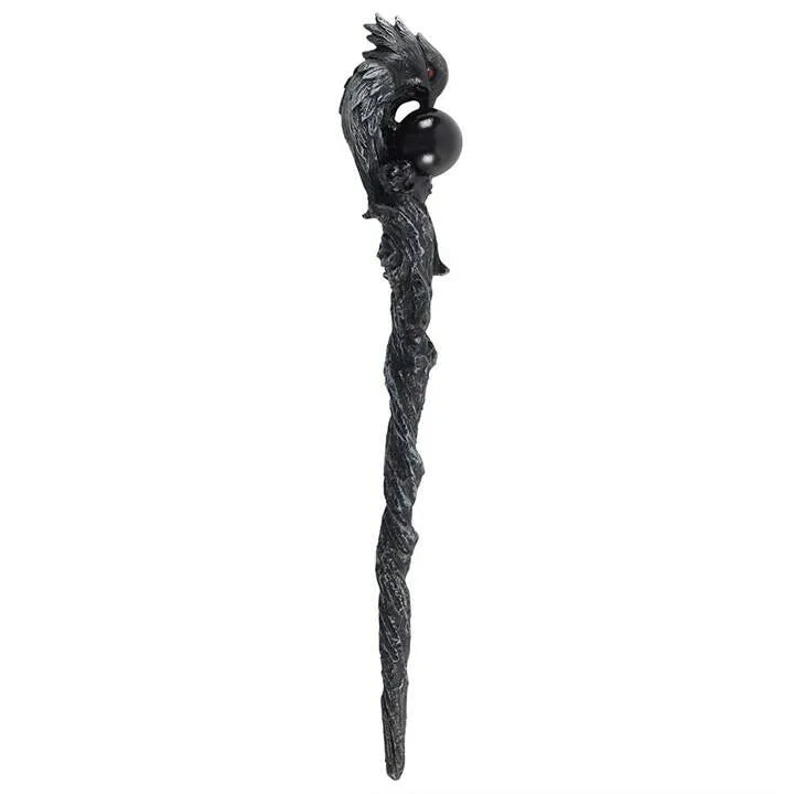 Dark raven wand with black bird design for corvid magic and wisdom from The Witches Hollow UK