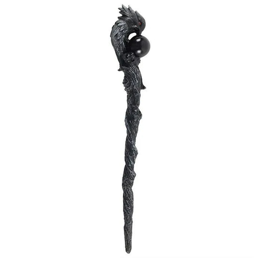 Dark raven wand with black bird design for corvid magic and wisdom from The Witches Hollow UK