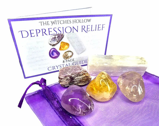Depression relief anxiety crystal pack complete set showing crystals, purple drawstring pouch and 8-page crystal guide booklet for emotional healing - The Witches Hollow UK