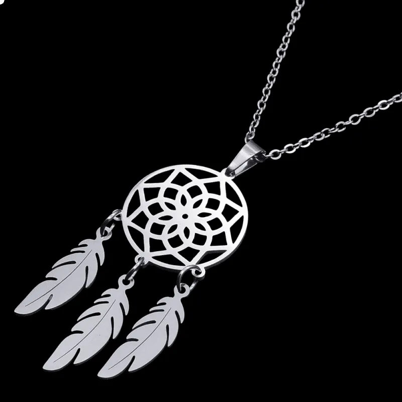 Dreamcatcher feather necklace detail showing feathered pendant for spiritual protection and peaceful dreams from The Witches Hollow UK