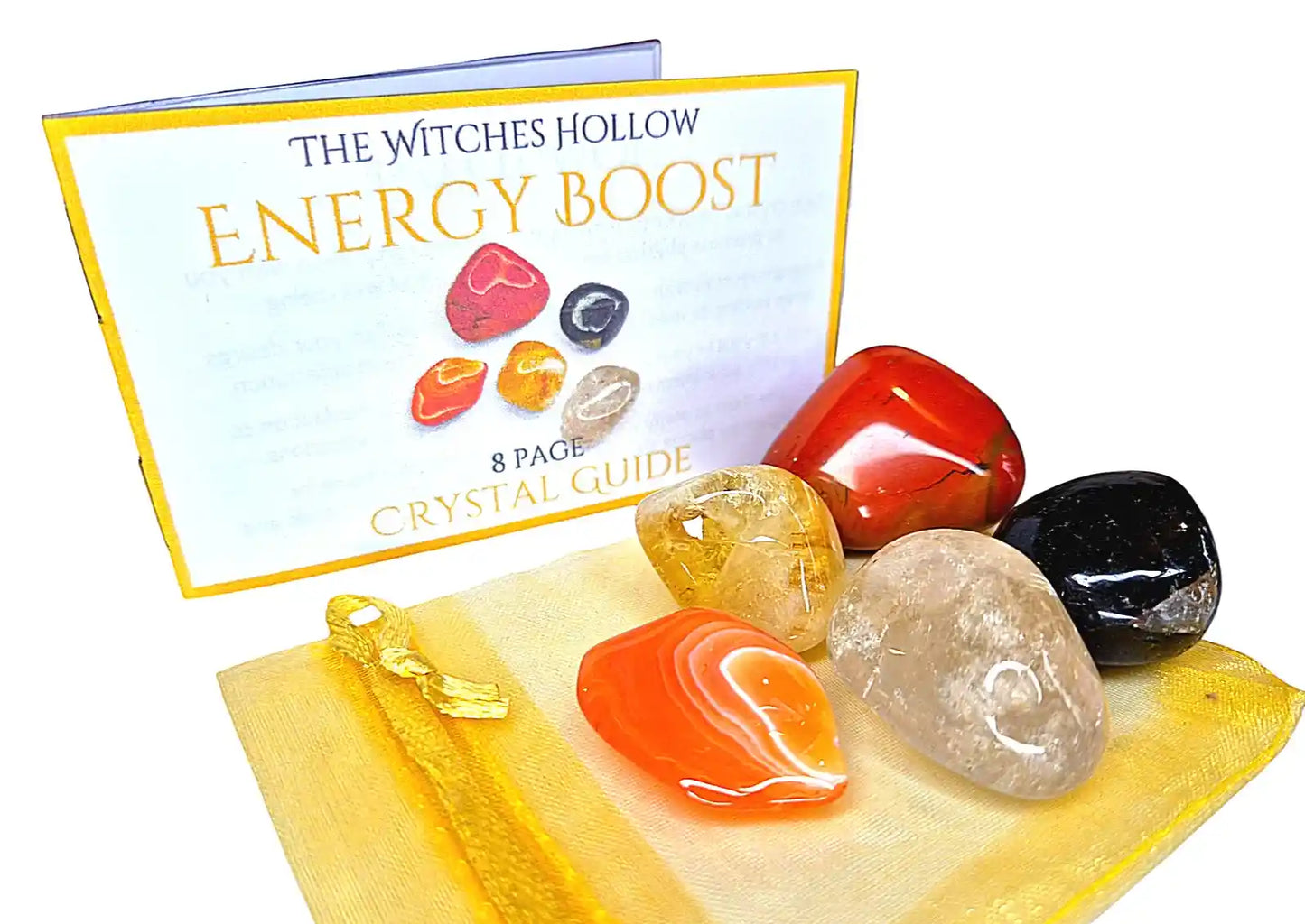 Energy boost crystal healing pack with carnelian, red jasper, black tourmaline, clear quartz and citrine in yellow organza bag with crystal guide from The Witches Hollow UK