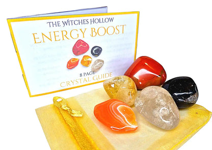 Energy boost crystal healing pack with carnelian, red jasper, black tourmaline, clear quartz and citrine in yellow organza bag with crystal guide from The Witches Hollow UK